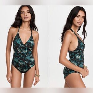 Ulla Johnson Black and Teal Patterned One Piece Swimsuit